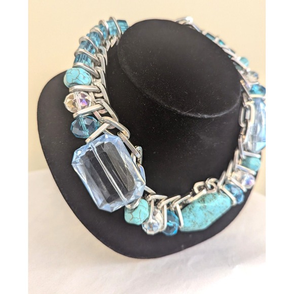 DESIGNER TURQUOISE LUCITE NECKLACE UNSIGNED WTH LG EMERALED CUT LUCITE A STUNNER - Picture 3 of 8